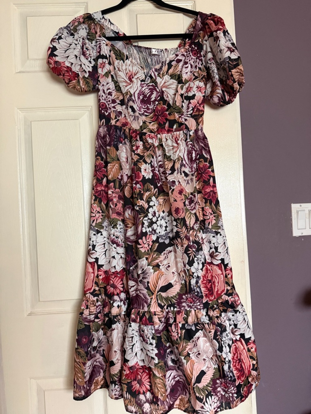 Floral Puff-Sleeve Midi Dress in Multi-Color